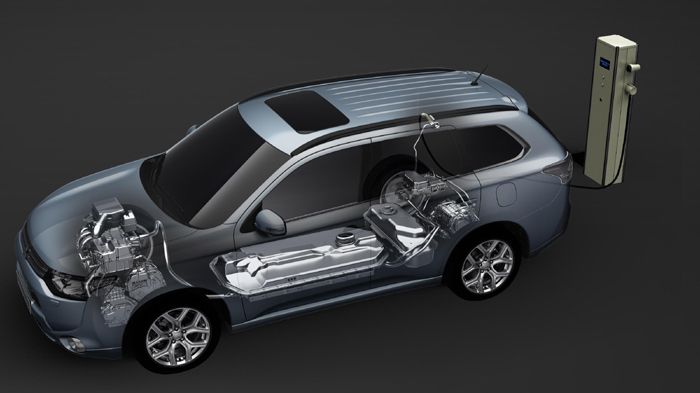 Το υβριδικό σύστημα του Outlander PHEV αποτελείται από 3 κινητήρες, δύο ηλεκτρικούς και έναν βενζίνης, με τη συνολική ισχύ του συστήματος να είναι 203